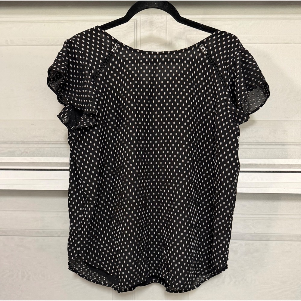 LOFT Petites Blouse LP Black White Polka Dot Romantic Flutter Sleeve Workwear